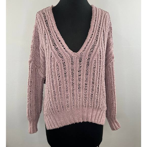 Free People Dusty Pink Mauve Open Knit Chunky V-Neck Oversized Tunic Sweater XS - Picture 2 of 6
